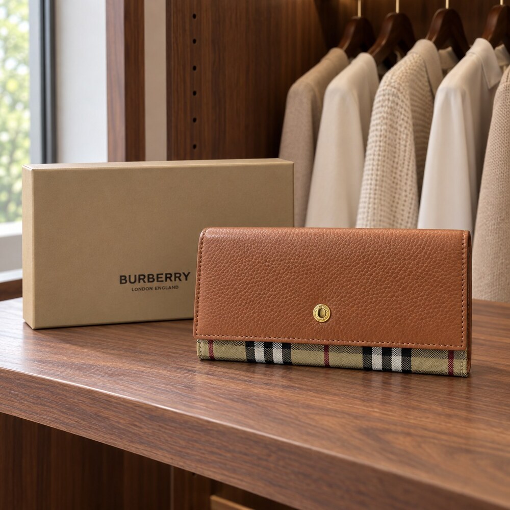 Burberry Vintage Check Long Flap Wallet in Tan Leather